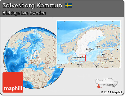 Shaded Relief Location Map of Sölvesborg Kommun, highlighted country, highlighted parent region, within the entire country