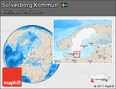 Shaded Relief Location Map of Sölvesborg Kommun, highlighted country, highlighted parent region, within the entire country