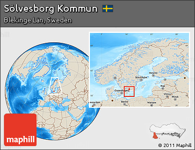 Shaded Relief Location Map of Sölvesborg Kommun, highlighted parent region, within the entire country