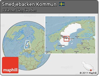 Savanna Style Location Map of Smedjebacken Kommun, highlighted country, highlighted parent region, within the entire country, hill shading
