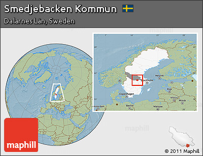 Savanna Style Location Map of Smedjebacken Kommun, highlighted country, highlighted parent region, within the entire country, hill shading