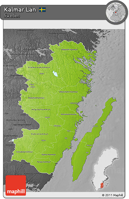 Physical 3D Map of Kalmar Län, darken, desaturated