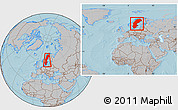 Gray Location Map of Sweden, within the entire continent, hill shading