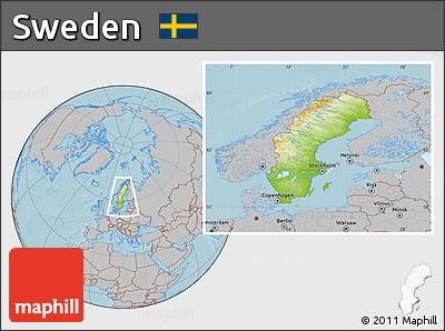 Physical Location Map of Sweden, gray outside, hill shading
