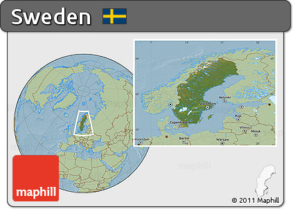 Satellite Location Map of Sweden, savanna style outside, hill shading