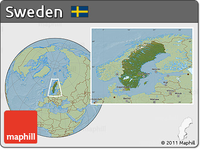 Satellite Location Map of Sweden, savanna style outside, hill shading