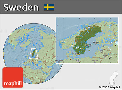 Satellite Location Map of Sweden, savanna style outside, hill shading