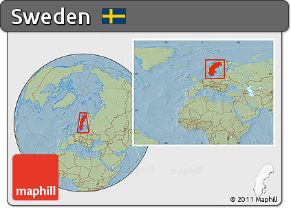 Savanna Style Location Map of Sweden, within the entire continent, hill shading