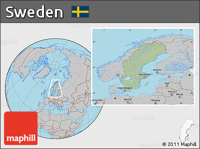 Savanna Style Location Map of Sweden, gray outside, hill shading inside