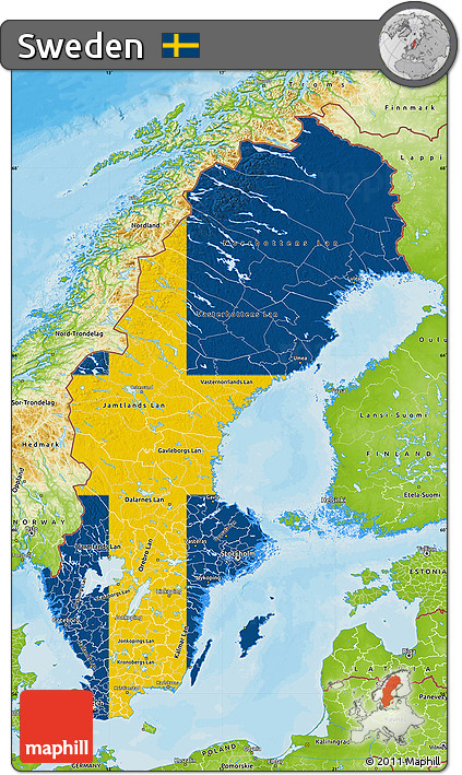 Flag Map of Sweden, physical outside, bathymetry sea, flag centered