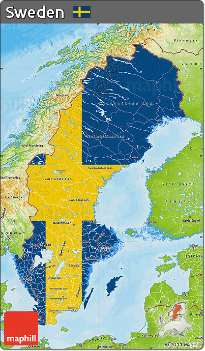 Flag Map of Sweden, physical outside, bathymetry sea, flag centered