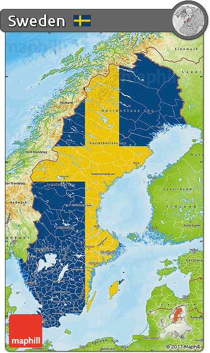 Flag Map of Sweden, physical outside, bathymetry sea, flag rotated
