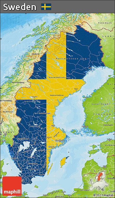 Flag Map of Sweden, physical outside, bathymetry sea, flag rotated
