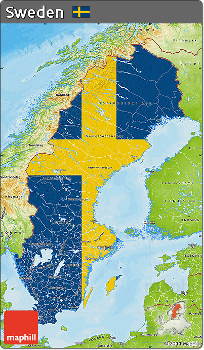 Flag Map of Sweden, physical outside, bathymetry sea, flag rotated