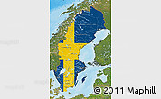 Flag Map of Sweden, satellite outside, bathymetry sea, flag centered