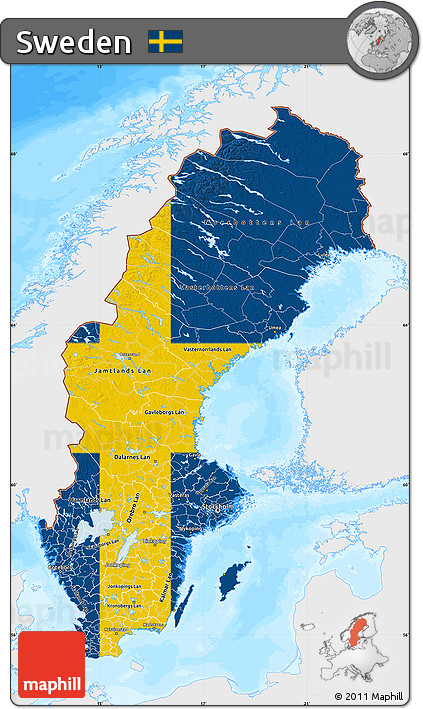 Flag Map of Sweden, single color outside, bathymetry sea, flag centered