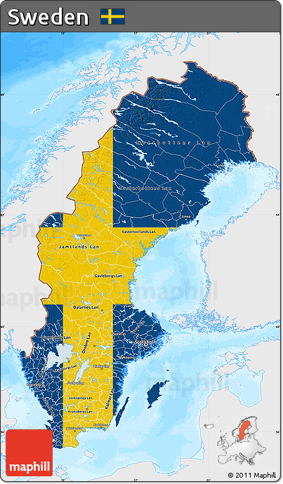 Flag Map of Sweden, single color outside, bathymetry sea, flag centered