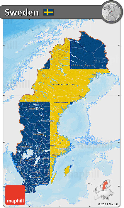 Flag Map of Sweden, single color outside, bathymetry sea, shaded relief sea, flag aligned to the middle