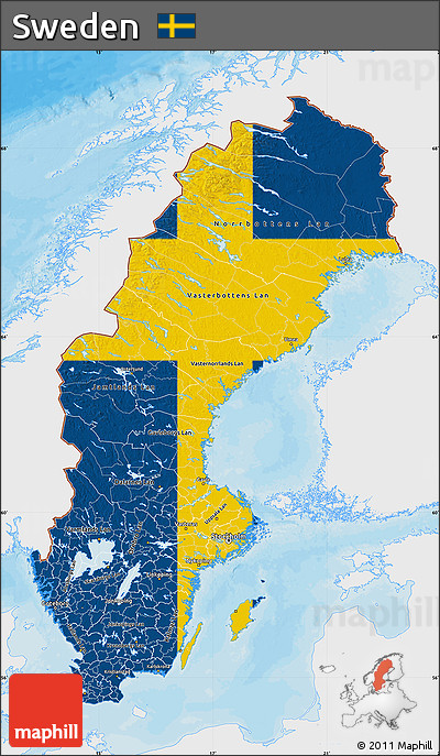 Flag Map of Sweden, single color outside, bathymetry sea, shaded relief sea, flag aligned to the middle