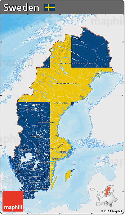 Flag Map of Sweden, single color outside, bathymetry sea, shaded relief sea, flag aligned to the middle