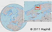Gray Location Map of Arjeplog Kommun, within the entire country, hill shading