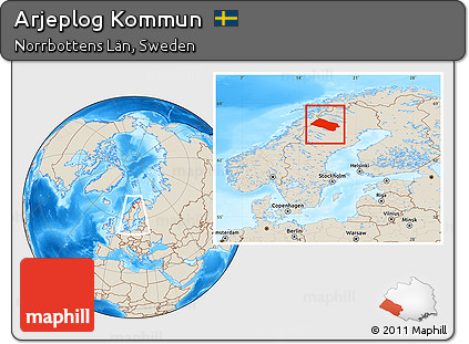 Shaded Relief Location Map of Arjeplog Kommun, within the entire country