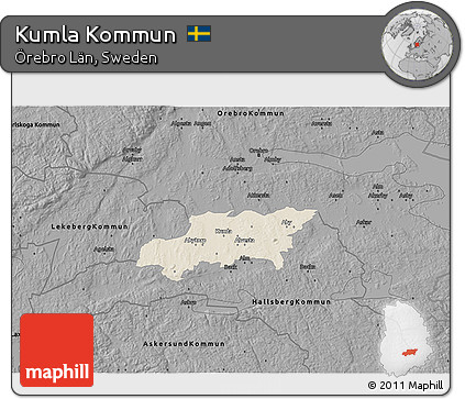 Shaded Relief 3D Map of Kumla Kommun, darken, desaturated