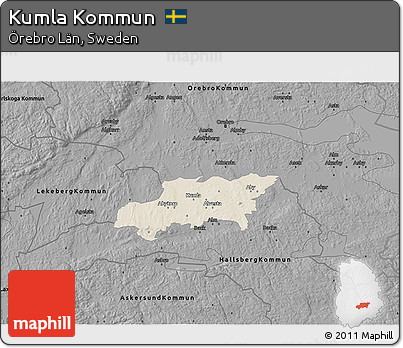 Shaded Relief 3D Map of Kumla Kommun, darken, desaturated