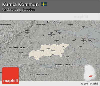 Shaded Relief 3D Map of Kumla Kommun, darken, semi-desaturated