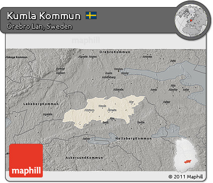 Shaded Relief 3D Map of Kumla Kommun, darken, semi-desaturated