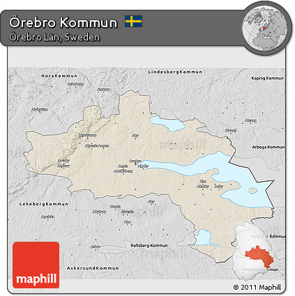 Shaded Relief 3D Map of Örebro Kommun, desaturated