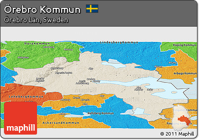 Shaded Relief Panoramic Map of Örebro Kommun, political outside