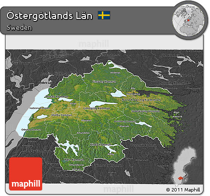 Satellite 3D Map of Östergötlands Län, darken, desaturated