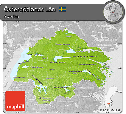Physical Map of Östergötlands Län, lighten, desaturated
