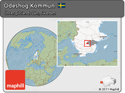 Savanna Style Location Map of Ödeshög Kommun, highlighted country, highlighted parent region, hill shading