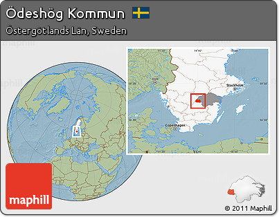 Savanna Style Location Map of Ödeshög Kommun, highlighted country, highlighted parent region, hill shading