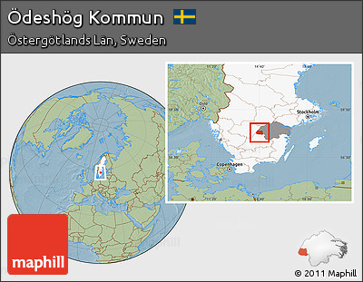 Savanna Style Location Map of Ödeshög Kommun, highlighted country, highlighted parent region, hill shading
