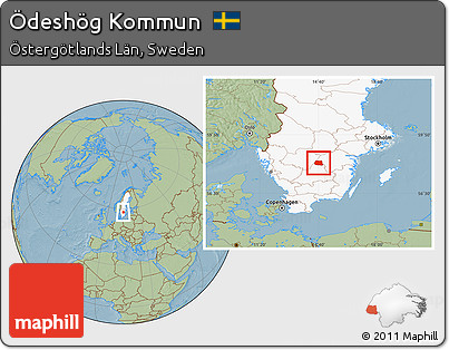 Savanna Style Location Map of Ödeshög Kommun, highlighted country, hill shading
