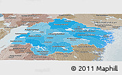 Political Shades Panoramic Map of Östergötlands Län, semi-desaturated