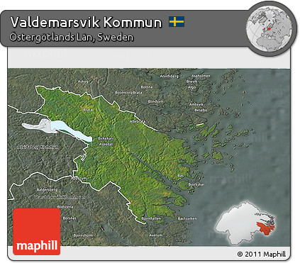 Satellite 3D Map of Valdemarsvik Kommun, semi-desaturated