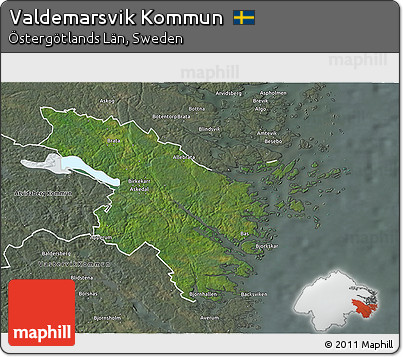 Satellite 3D Map of Valdemarsvik Kommun, semi-desaturated