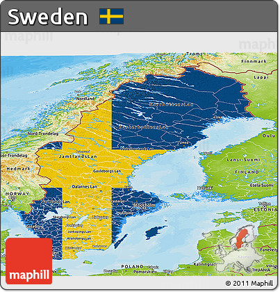 Flag Panoramic Map of Sweden, physical outside, bathymetry sea, flag centered