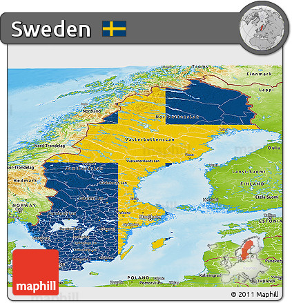 Flag Panoramic Map of Sweden, physical outside, flag aligned to the middle