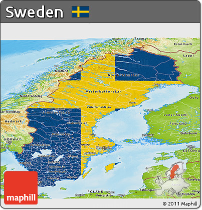 Flag Panoramic Map of Sweden, physical outside, flag aligned to the middle