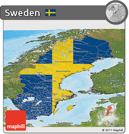 Flag Panoramic Map of Sweden, satellite outside, bathymetry sea, flag rotated