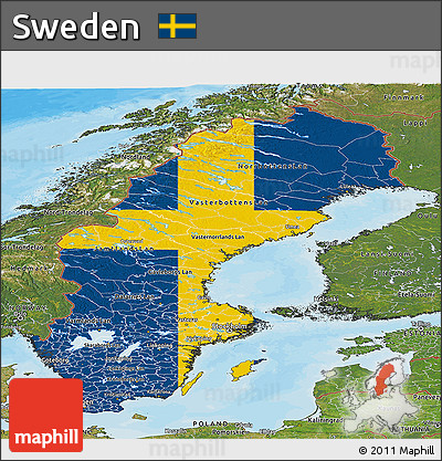 Flag Panoramic Map of Sweden, satellite outside, bathymetry sea, flag rotated