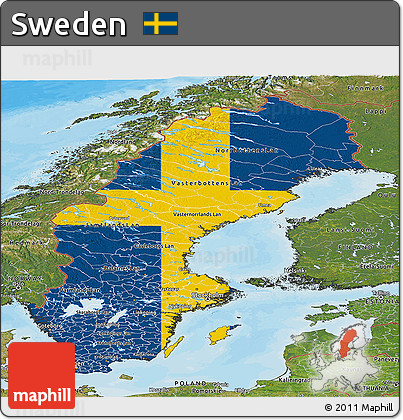 Flag Panoramic Map of Sweden, satellite outside, bathymetry sea, flag rotated