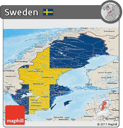 Flag Panoramic Map of Sweden, shaded relief outside, bathymetry sea, flag centered