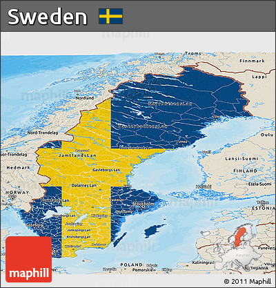 Flag Panoramic Map of Sweden, shaded relief outside, bathymetry sea, flag centered