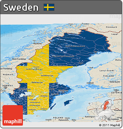 Flag Panoramic Map of Sweden, shaded relief outside, bathymetry sea, flag centered
